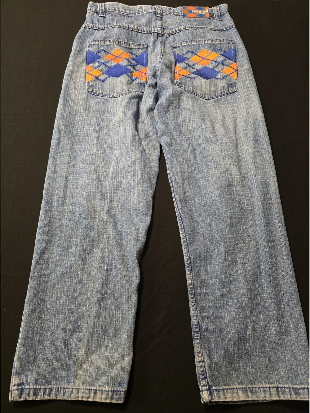 Evolution In Design Mens Wide Leg Jeans Blue & Yellow Argyle Detail Y2K 34x32